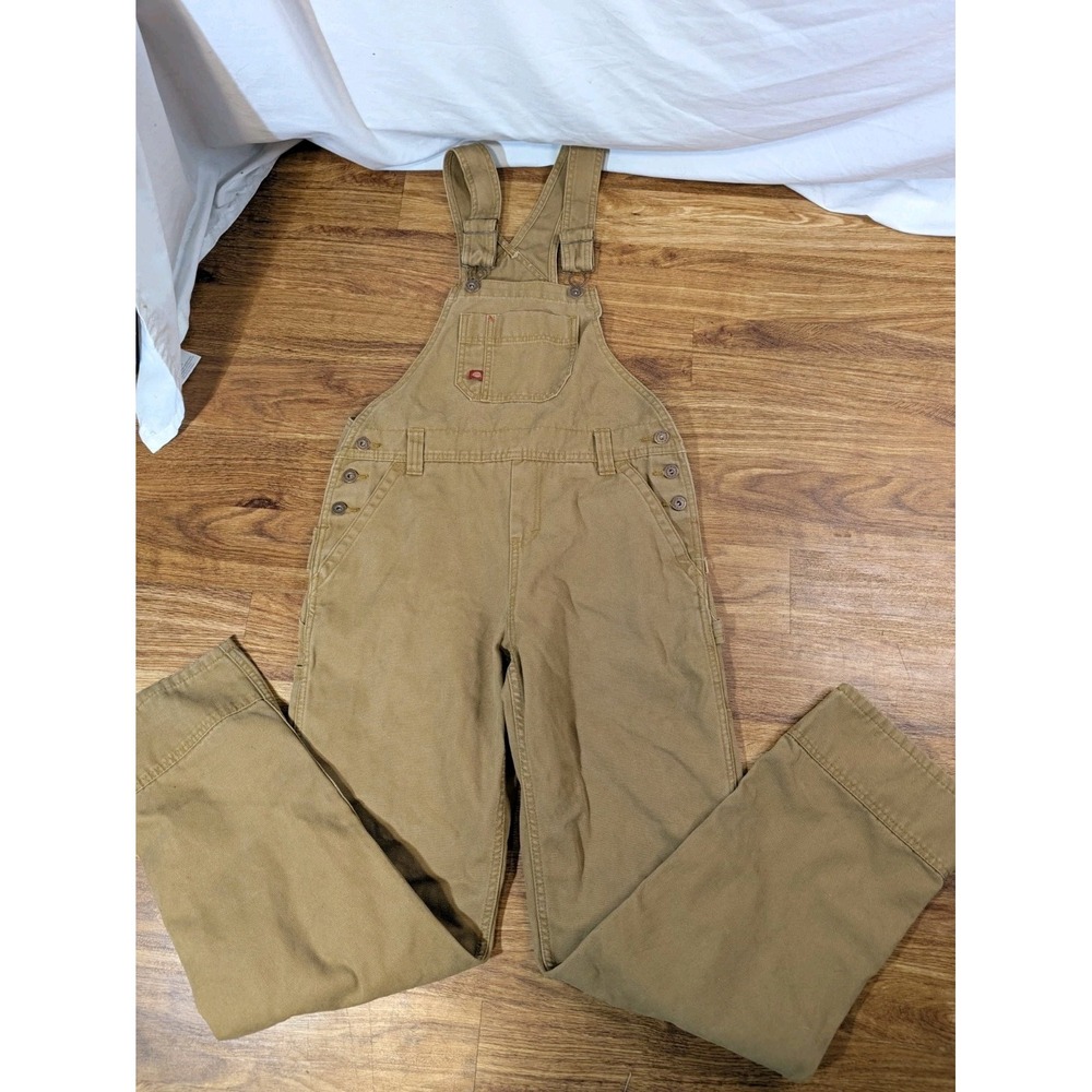 Dickies Women's Relaxed Fit Duck Bib Overalls Rinsed Brown Workwear Size XS